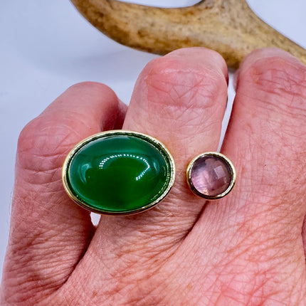 Vintage Golden Green Jade Amethyst Lucky Cocktail Ring Adjustable