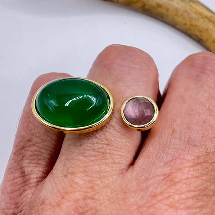 Vintage Golden Green Jade Amethyst Lucky Cocktail Ring Adjustable