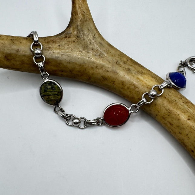 Vintage Mixed Agate Gemstone Scarab Station Bracelet | Set in white Gold Fill Silver | Stacking Layered Birthstone