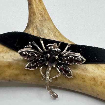 Vintage Bohemian Garnet Dragonfly Brooch Choker 925 Sterling Silver Pin