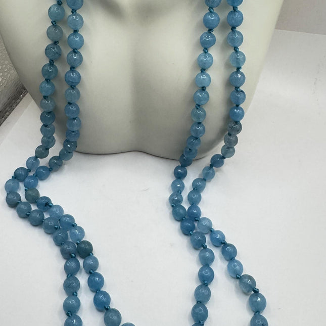 Vintage Blue Facetted Chalcedony Beaded Necklace: Gemstone Jumprope Style, 56 inch