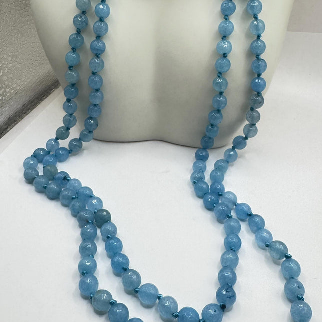 Vintage Blue Facetted Chalcedony Beaded Necklace: Gemstone Jumprope Style, 56 inch