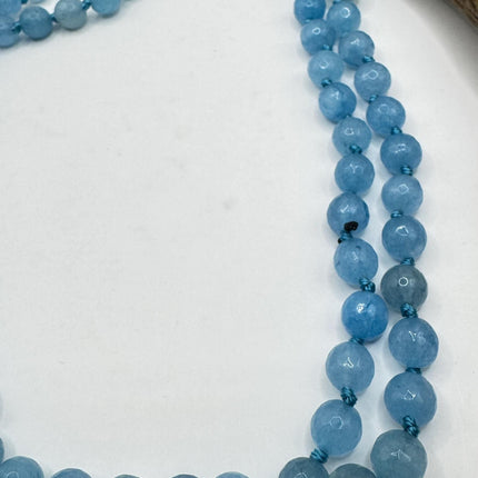Vintage Blue Facetted Chalcedony Beaded Necklace: Gemstone Jumprope Style, 56 inch