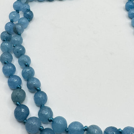 Vintage Blue Facetted Chalcedony Beaded Necklace: Gemstone Jumprope Style, 56 inch