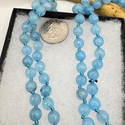 Vintage Blue Facetted Chalcedony Beaded Necklace: Gemstone Jumprope Style, 56 inch