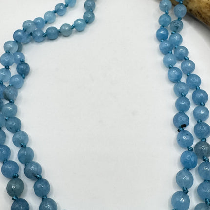 Vintage Blue Facetted Chalcedony Beaded Necklace: Gemstone Jumprope Style, 56 inch