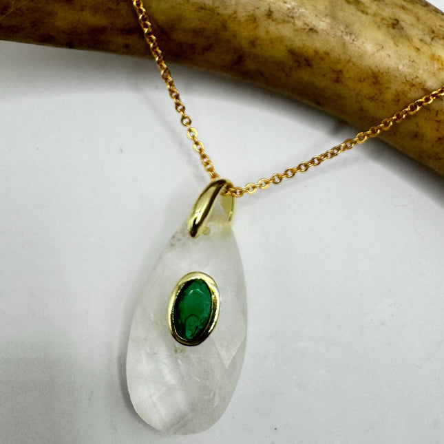 Vintage Gold Pendant Necklace - Clear Quartz on 9K Chain
