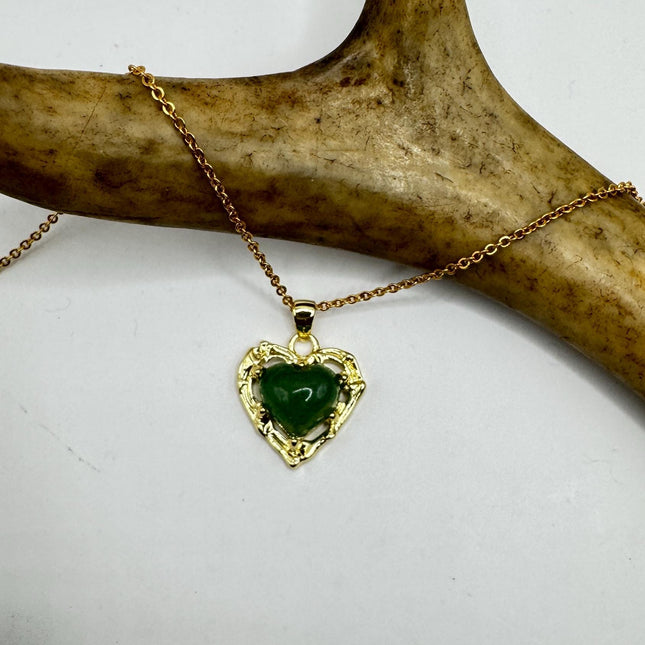 Vintage Green Jade Gold Filled Heart Necklace
