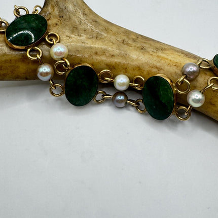Green Jade Bracelet, Gold Filled Vintage Style (Dainty, Stackable)