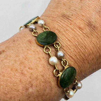 Green Jade Bracelet, Gold Filled Vintage Style (Dainty, Stackable)