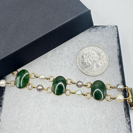 Green Jade Bracelet, Gold Filled Vintage Style (Dainty, Stackable)