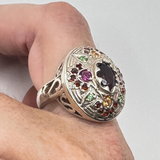 Vintage 925 Sterling Silver Red Garnet Ring: Boho Cocktail
