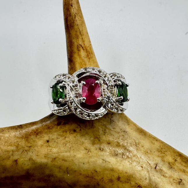 Vintage Pink Green Tourmaline Ring Band 925 Sterling Silver