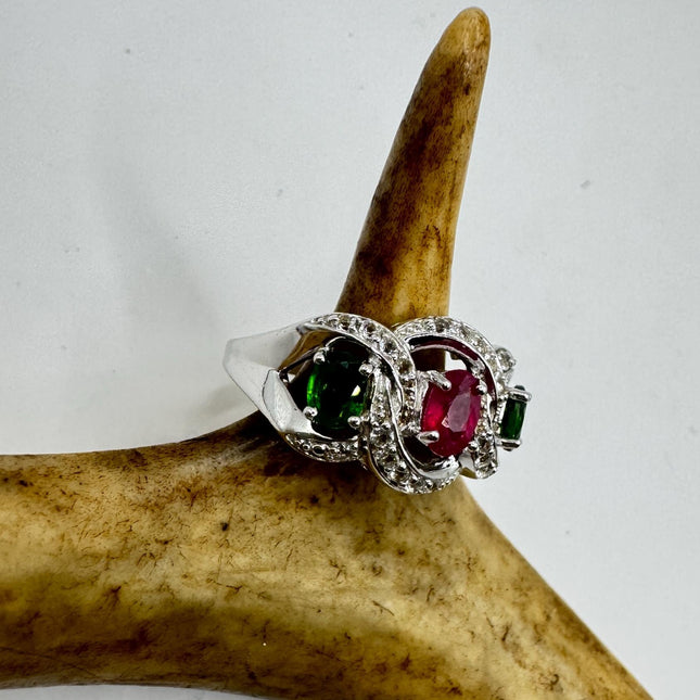 Vintage Pink Green Tourmaline Ring Band 925 Sterling Silver