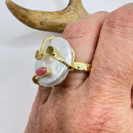 Vintage Pearl Ring: Golden 925 Sterling Silver Adjustable Band