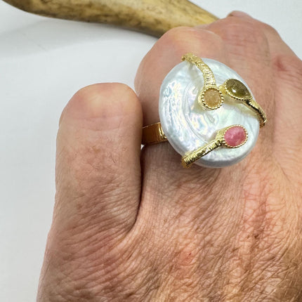 Vintage Pearl Ring: Golden 925 Sterling Silver Adjustable Band