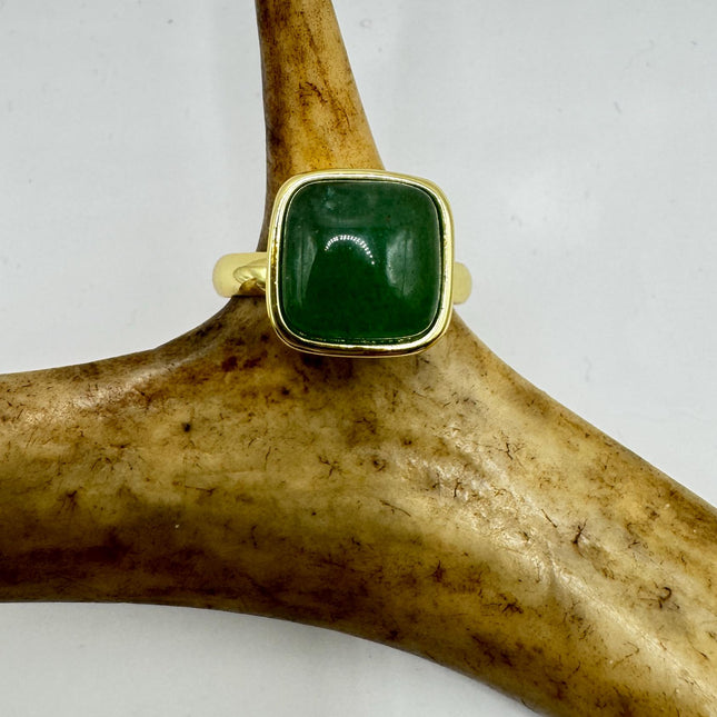 Vintage Golden Green Jade Lucky Cocktail Ring Adjustable