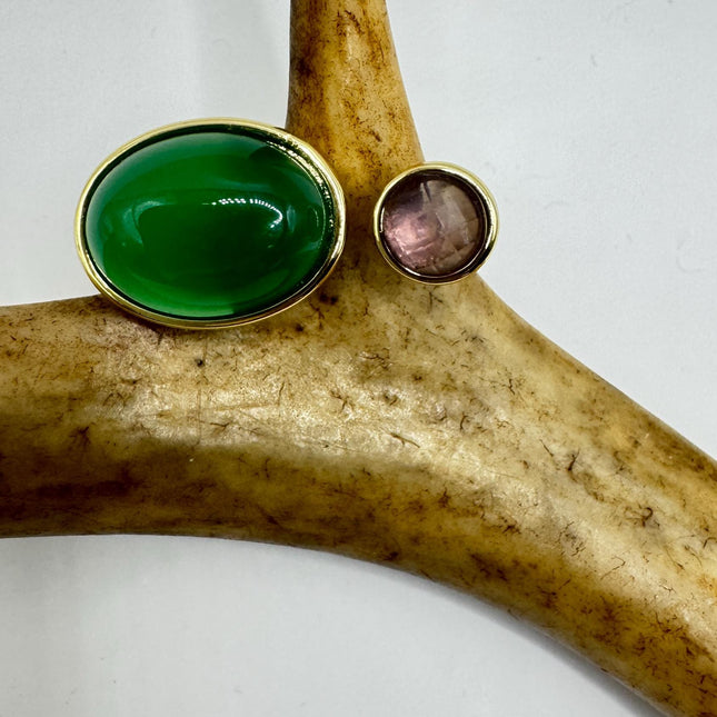 Vintage Golden Green Jade Amethyst Lucky Cocktail Ring Adjustable