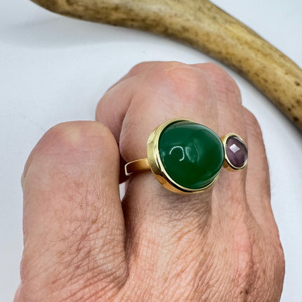 Vintage Golden Green Jade Amethyst Lucky Cocktail Ring Adjustable