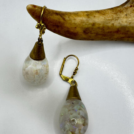 Vintage White Fire Floating Opal Earrings - Gold 925 Sterling Silver