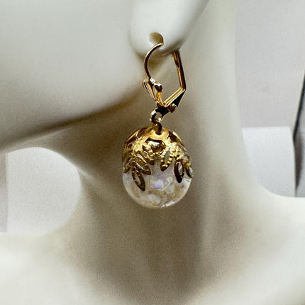 Vintage White Fire Floating Opal Earrings - Gold 925 Sterling Silver