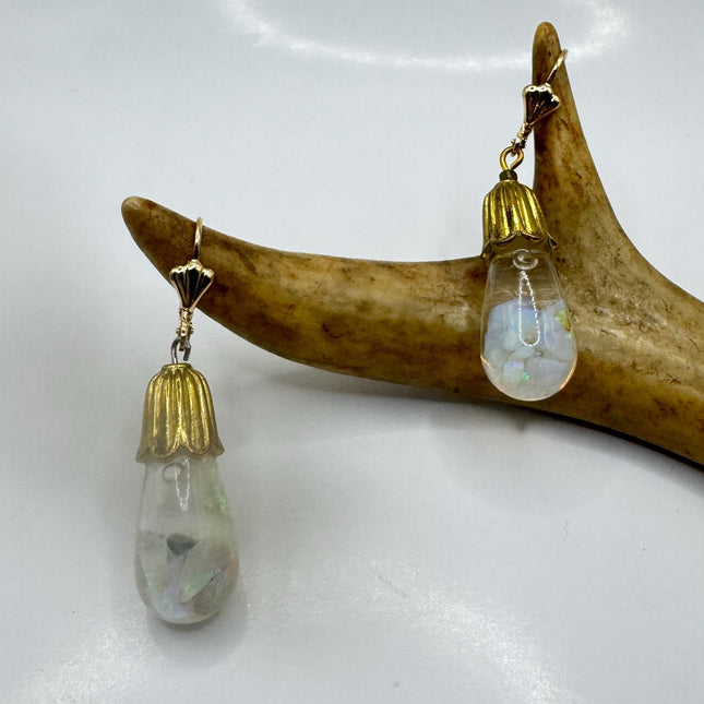 Vintage White Fire Floating Opal Earrings - Gold 925 Sterling Silver