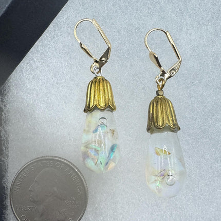 Vintage White Fire Floating Opal Earrings - Gold 925 Sterling Silver
