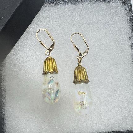 Vintage White Fire Floating Opal Earrings - Gold 925 Sterling Silver