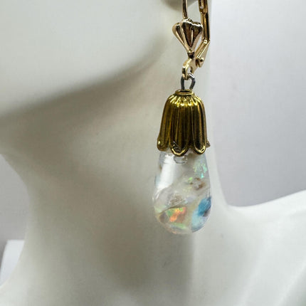 Vintage White Fire Floating Opal Earrings - Gold 925 Sterling Silver