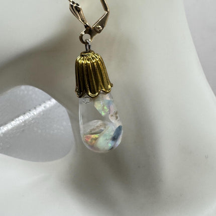 Vintage White Fire Floating Opal Earrings - Gold 925 Sterling Silver
