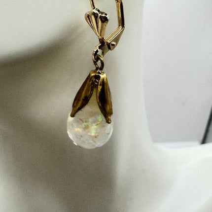 Vintage White Fire Floating Opal Earrings - Gold 925 Sterling Silver