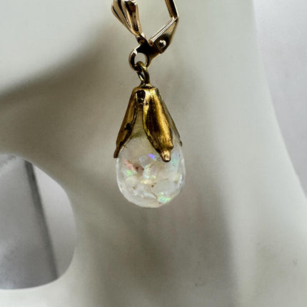 Vintage White Fire Floating Opal Earrings - Gold 925 Sterling Silver