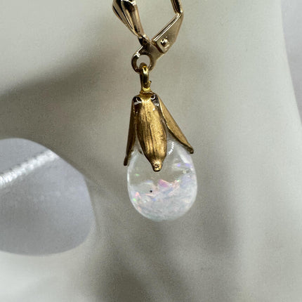 Vintage White Fire Floating Opal Earrings - Gold 925 Sterling Silver
