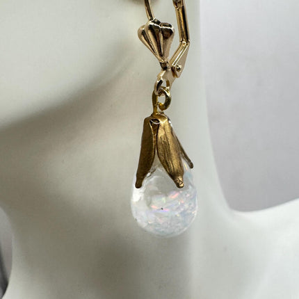 Vintage White Fire Floating Opal Earrings - Gold 925 Sterling Silver