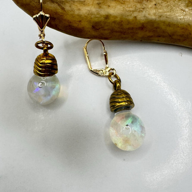 Vintage White Fire Floating Opal Earrings - Gold 925 Sterling Silver