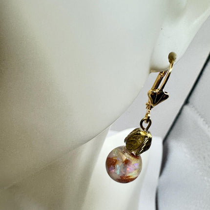 Vintage White Fire Floating Opal Goldstne Earrings - Gold 925 Sterling Silver