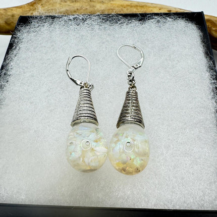 Vintage White Fire Floating Opal Earrings 925 Sterling Silver Lever backs