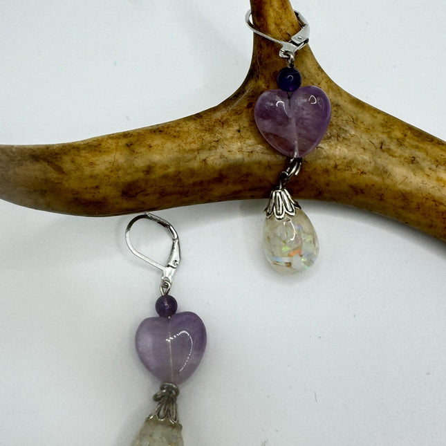 Vintage White Fire Floating Opal Amethyst Heart Earrings 925 Sterling Silver Lever backs