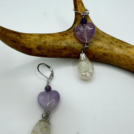 Vintage White Fire Floating Opal Amethyst Heart Earrings 925 Sterling Silver Lever backs