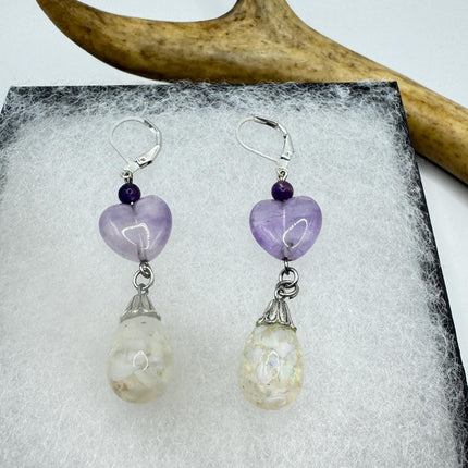 Vintage White Fire Floating Opal Amethyst Heart Earrings 925 Sterling Silver Lever backs