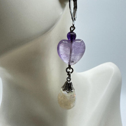 Vintage White Fire Floating Opal Amethyst Heart Earrings 925 Sterling Silver Lever backs