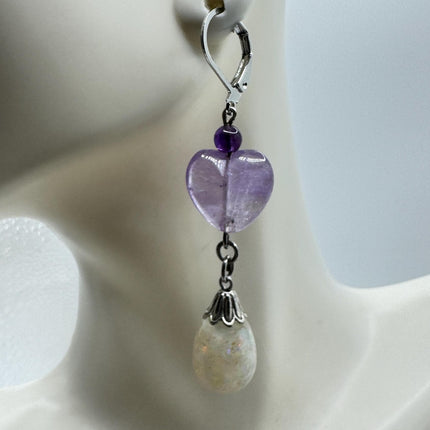 Vintage White Fire Floating Opal Amethyst Heart Earrings 925 Sterling Silver Lever backs