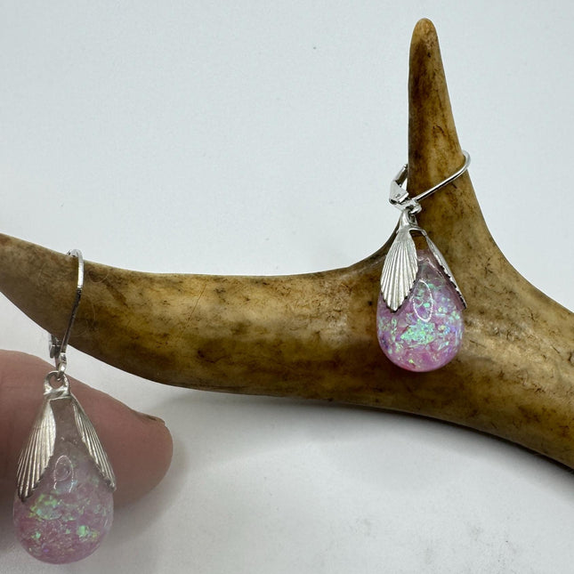 Vintage Pink Fire Floating Opal Earrings 925 Sterling Silver Lever backs