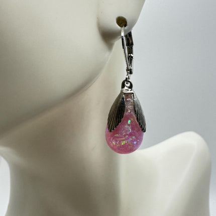 Vintage Pink Fire Floating Opal Earrings 925 Sterling Silver Lever backs