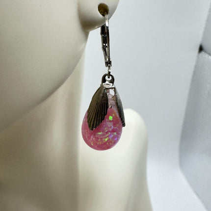 Vintage Pink Fire Floating Opal Earrings 925 Sterling Silver Lever backs