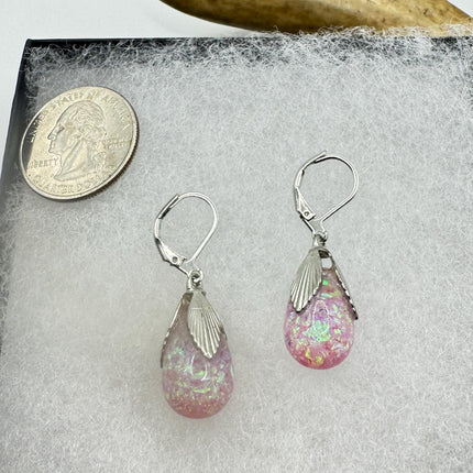 Vintage Pink Fire Floating Opal Earrings 925 Sterling Silver Lever backs