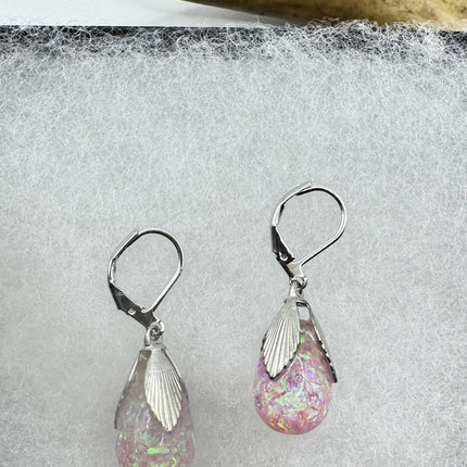 Vintage Pink Fire Floating Opal Earrings 925 Sterling Silver Lever backs