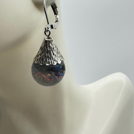 Vintage Black Fire Floating Opal Earrings 925 Sterling Silver Lever backs