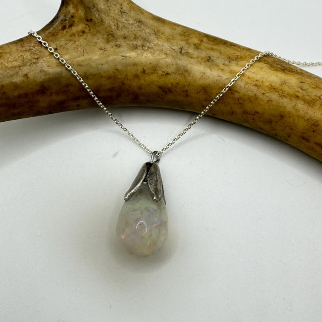 Vintage White Fire Floating Opal Necklace Sterling Silver