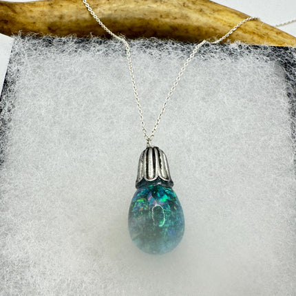Vintage Blue Fire Floating Opal Necklace Sterling Silver
